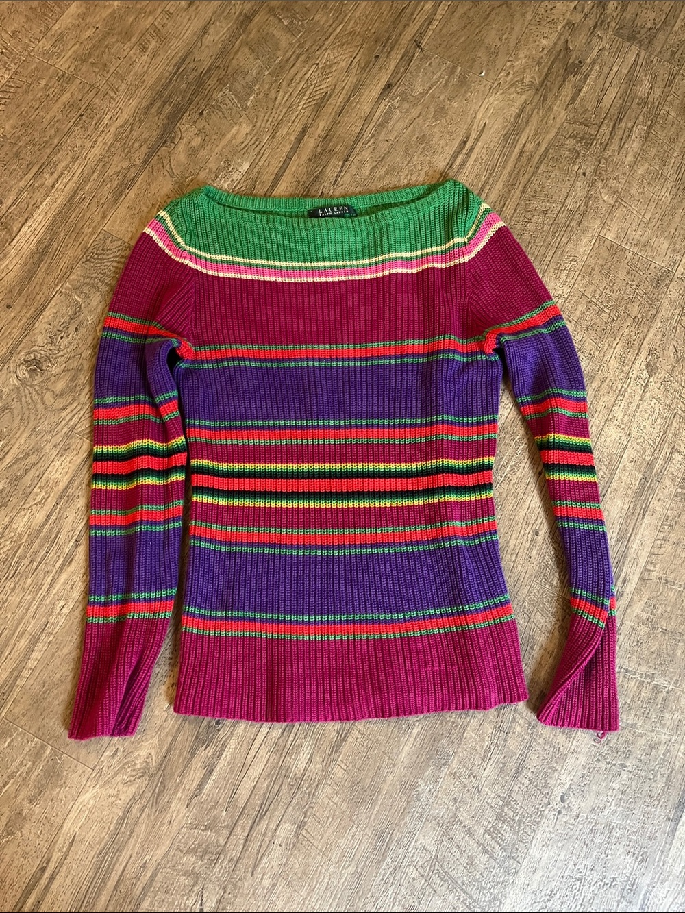 Lauren Ralph Lauren Green, Magenta & Purple Striped Off-Shoulder Sweater